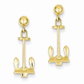 14k Yellow Gold Navy Anchor Dangle Post Earrings