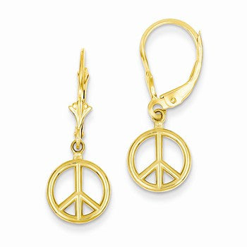14k Yellow Gold Peace Symbol Leverback Earrings
