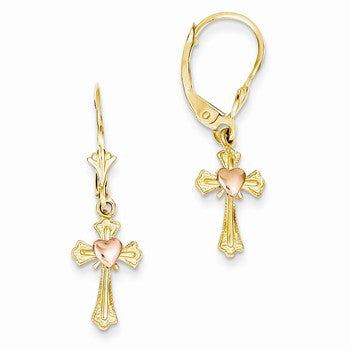 14k Two-tone Heart on Cross Leverback Earrings