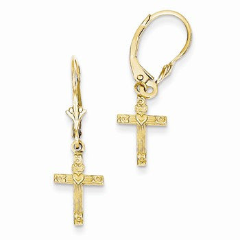 14k Yellow Gold Mini Cross with Heart Leverback Earrings