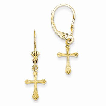14k Yellow Gold Mini Cross with Scroll Tips Leverback Earrings