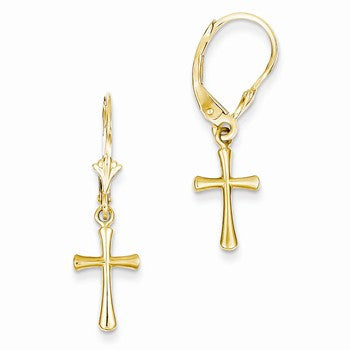 14k Yellow Gold Cross with Round Tips Leverback Earrings