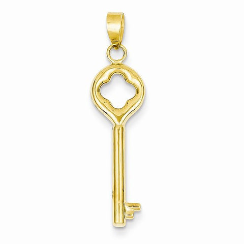 14k Gold Clover Top Puff Round Key Pendant, Pendants for Necklace