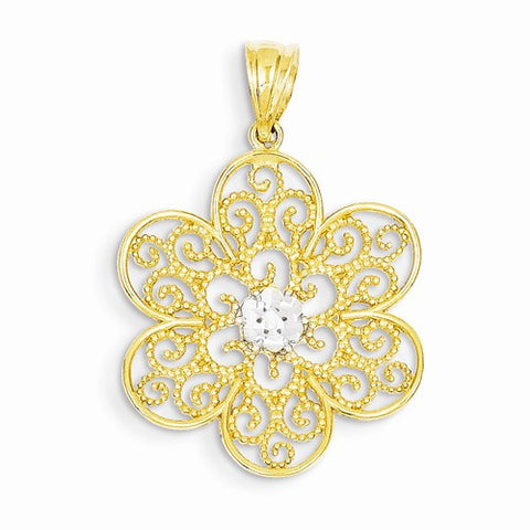14k Gold & Rhodium Diamond-cut Concave Filigree Flower Pendant, Pendants for Necklace
