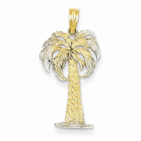 14k Gold & Rhodium Polished and Textured Palm Tree Pendant, Pendants for Necklace