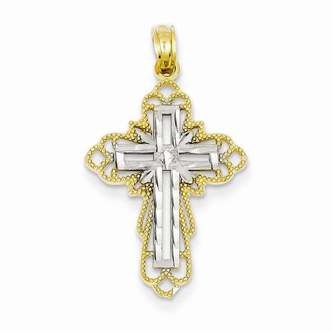 14k Gold w/Rhodium Polished and Textured Budded Cross pendant, Exquisite Pendants for Necklace
