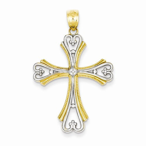 14k Gold w/Rhodium Polished and Textured Budded Cross pendant, Fine Pendants for Necklace