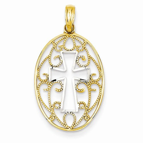 14k Gold w/Rhodium Polished Cross in Oval Pendant, Pendants for Necklace