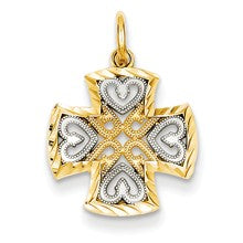 14k Gold Polished Cross w/Rhodium Hearts Charm hide-image