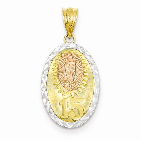 14k Gold Yellow & Rose Gold w/Rhodium Guadalupe & 15 Pendant, Pendants for Necklace