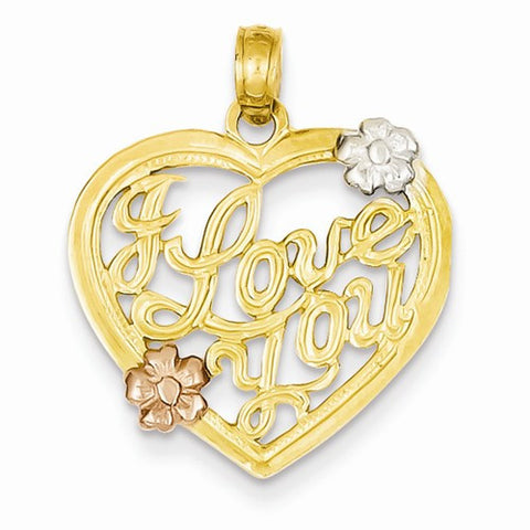 14k Gold Two-tone Rhodium Polished I Love You Heart with Flowers Pendant, Pendants for Necklace