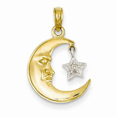 14k Gold Two-Tone Polished Open-Backed Half Moon & Star Pendant, Pendants for Necklace