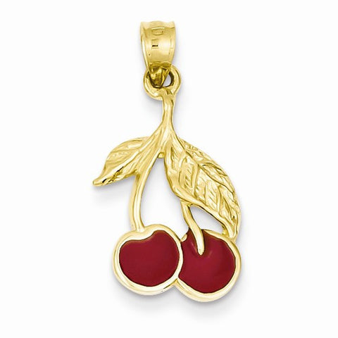 14k Gold Polished Red Enameled Cherries Pendant, Pendants for Necklace