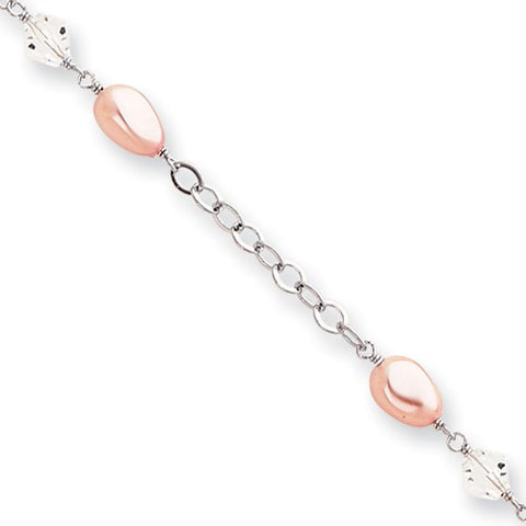 Rhodium-Plated Pink Glass Pearl and Crystal Bracelet