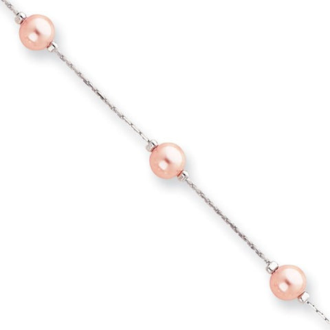 Rhodium-Plated Pink Glass Pearl Bracelet