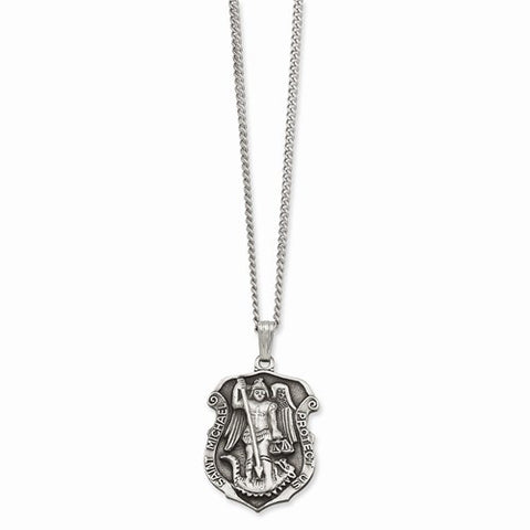 Rhodium-Plated St Michael Medal Necklace