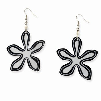 Silver-tone Black/White Painted Capiz Shell Flower 2.5in Dangle Earrings
