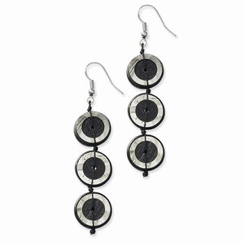 Silver-tone Black Hamba Wood Sequin 2in Dangle Earrings