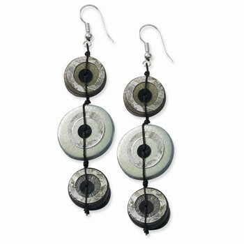 Silver-tone Black/Grey Hamba Wood Sequined 2.5in Dangle Earrings