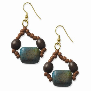 Gold-tone w/ Natural Wood Ceramic 2.25in Dangle Earrings