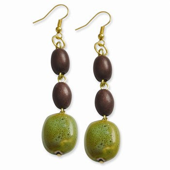 Gold-tone w/ Natural Wood Ceramic 3in Dangle Earrings