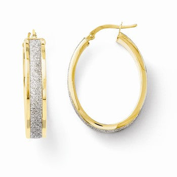14k Yellow Gold Fancy Glitter Infused Oval Hoop Earrings