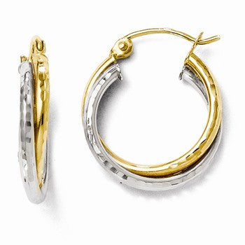 14k Two-tone Diamond-cut Hinged Hoop Earrings