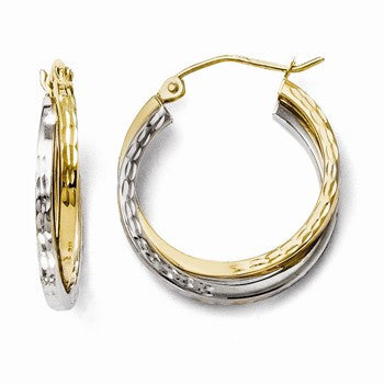 14k Two-tone Diamond-cut Hinged Hoop Earrings