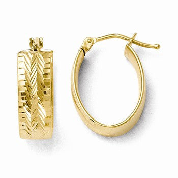 14k Yellow Gold Polished & Diamond-cut Oval Hoop Earrings