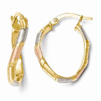 14k Yellow Gold w/Rhodium Polished Satin Hoop Earrings