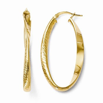 14k Yellow Gold Polished & Textured Twisted Oval Hoop Earrings