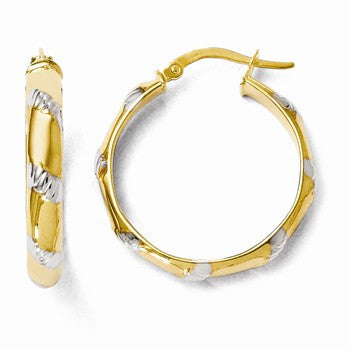 14k Yellow Gold & White Rhodium Polished & Textured Hoop Earrings