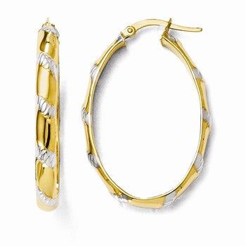 14k Yellow Gold & White Rhodium Polished & Textured Hoop Earrings
