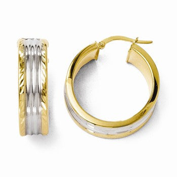 14k Yellow Gold & White Rhodium Polished & Diamond-cut Hoop Earrings
