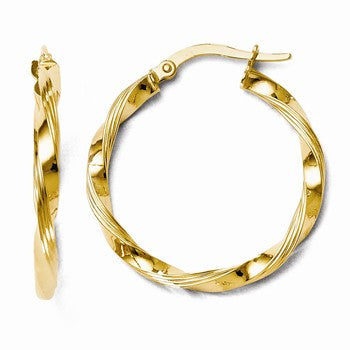 14k Yellow Gold Polished & Textured Twisted Hoop Earrings