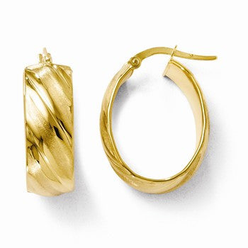14k Yellow Gold Polished & Satin Oval Hoop Earrings