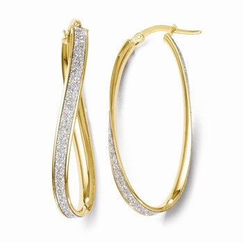 14k Yellow Gold Polished Glitter Infused Oval Twist Hoop Earrings