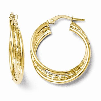 14k Yellow Gold Polished & Textured Twisted Hoop Earrings