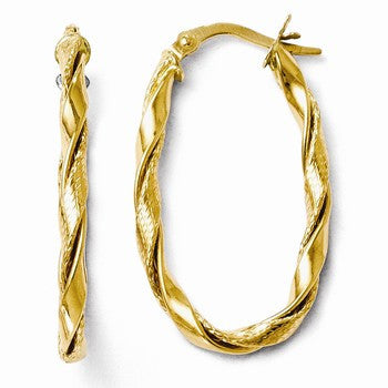 14k Yellow Gold Polished & Textured Twisted Oval Hoop Earrings