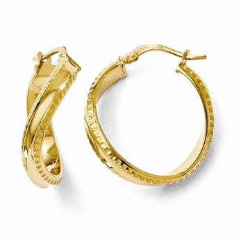 14k Yellow Gold Polished & Textured Twisted Hinged Hoop Earrings
