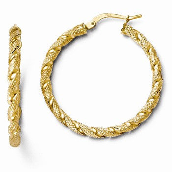 14k Yellow Gold Polished & Textured Twisted Hoop Earrings
