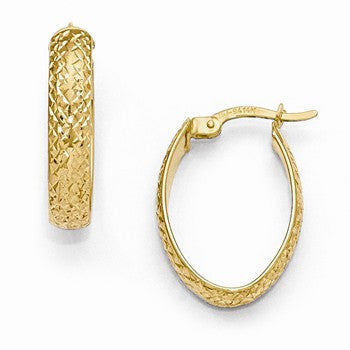 14k Yellow Gold Diamond-cut Oval Hinged Hoop Earrings