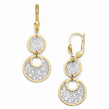 White Rhodium Plated 14k Yellow Gold Polished Textured Leverback Earrings