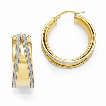14k Yellow Gold Polished Glitter Infused Hinged Hoop Earrings