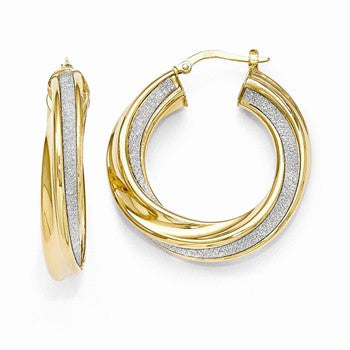 14k Yellow Gold Polished Glitter Infused Twisted Hinged Hoop Earrings