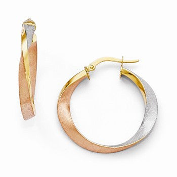14k Yellow Gold with White & Rose Rhodium Satin Hoop Earrings
