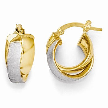14k Yellow Gold with Rhodium Plated Polished Textured Hoop Earrings