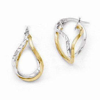 White Rhodium Plated 14k Yellow Gold Polished Diamond-cut Small Twisted Hoop Earrings