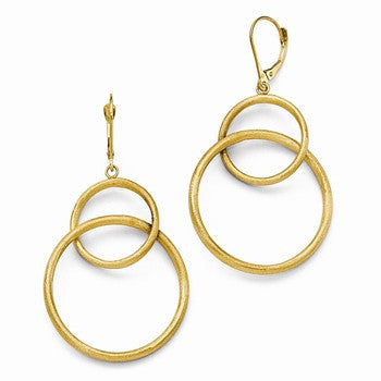 14k Yellow Gold Scratch Finish Round Dangle Leverback Earrings