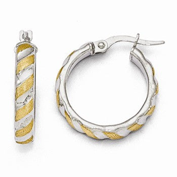 14k White Gold with Yellow Polished Textured Hoops, Jewelry Earrings